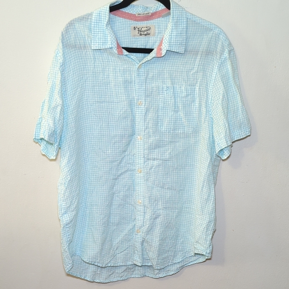 Original Penguin Light Blue and White Checkered Linen Men's Slim Fit XL Shirt